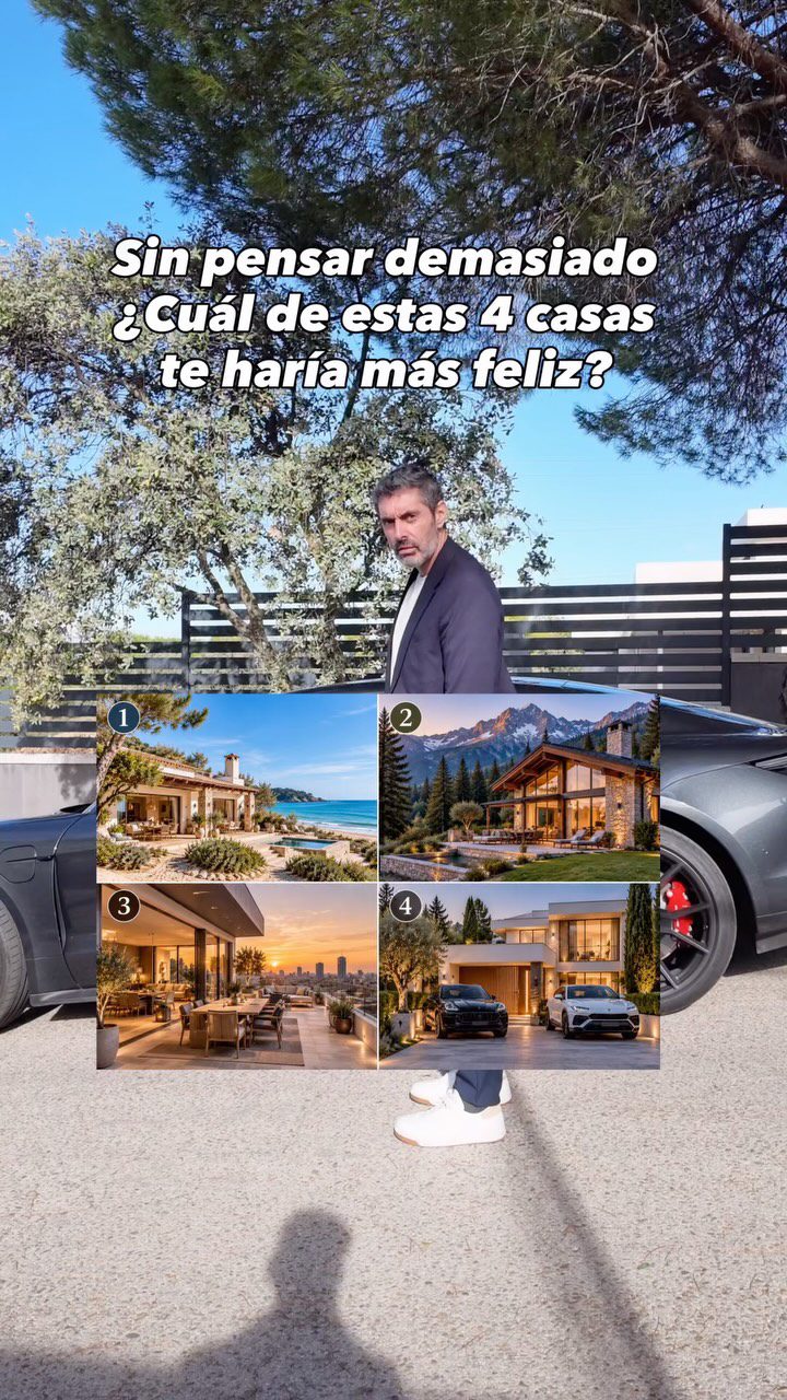 🌊 CASA 1. LA PLAYA — EL ESPÍRITU LIBRE

Para ti, la felicidad está en disfrutar de la vida.

Eres una persona que valora la libertad, las experiencias y los pequeños placeres cotidianos.

Te gusta vivir el presente, sentir que cada día es diferente y tener tiempo para hacer aquello que realmente te apetece.

No buscas necesariamente tener más, sino disfrutar más de lo que tienes.

🏔️ CASA 2. LA MONTAÑA — EL ALMA TRANQUILA

Para ti, la felicidad está en la paz interior.

Eres una persona reflexiva, independiente y que disfruta de los momentos de soledad.

Valoras la naturaleza, el silencio y las relaciones auténticas.

No necesitas grandes estímulos ni la aprobación de los demás para sentirte realizado.

Tu felicidad nace de sentirte en armonía contigo mismo.

🌆 CASA 3. EL ÁTICO — EL SOÑADOR AMBICIOSO

Para ti, la felicidad está en crecer y descubrir hasta dónde puedes llegar.

Eres una persona inquieta, curiosa y con grandes aspiraciones.

Te gusta rodearte de oportunidades, conocer gente y vivir nuevas experiencias.

Disfrutas marcándote objetivos y superándote constantemente.

Tu felicidad está en sentir que avanzas y que todavía tienes mucho por descubrir.

🏎️ CASA 4. LA MANSIÓN Y LOS COCHES — EL TRIUNFADOR

Para ti, la felicidad está en alcanzar aquello que un día soñaste.

Eres una persona ambiciosa, competitiva y determinada.

Te gusta disfrutar de las recompensas de tu esfuerzo y compartir tus logros con quienes te rodean.

El reconocimiento y el éxito te motivan porque representan todo lo que has sido capaz de conseguir.

Tu felicidad está en convertir tus sueños en realidad.

⸻

¿Cuál has elegido? ¿1, 2, 3 o 4? ¿coincide con tu personalidad? 👇