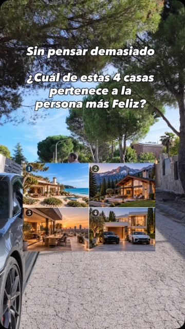 🌊 CASA 1. LA PLAYA — EL ESPÍRITU LIBRE

Para ti, la felicidad está en disfrutar de la vida.

Eres una persona que valora la libertad, las experiencias y los pequeños placeres cotidianos.

Te gusta vivir el presente, sentir que cada día es diferente y tener tiempo para hacer aquello que realmente te apetece.

No buscas necesariamente tener más, sino disfrutar más de lo que tienes.

🏔️ CASA 2. LA MONTAÑA — EL ALMA TRANQUILA

Para ti, la felicidad está en la paz interior.

Eres una persona reflexiva, independiente y que disfruta de los momentos de soledad.

Valoras la naturaleza, el silencio y las relaciones auténticas.

No necesitas grandes estímulos ni la aprobación de los demás para sentirte realizado.

Tu felicidad nace de sentirte en armonía contigo mismo.

🌆 CASA 3. EL ÁTICO — EL SOÑADOR AMBICIOSO

Para ti, la felicidad está en crecer y descubrir hasta dónde puedes llegar.

Eres una persona inquieta, curiosa y con grandes aspiraciones.

Te gusta rodearte de oportunidades, conocer gente y vivir nuevas experiencias.

Disfrutas marcándote objetivos y superándote constantemente.

Tu felicidad está en sentir que avanzas y que todavía tienes mucho por descubrir.

🏎️ CASA 4. LA MANSIÓN Y LOS COCHES — EL TRIUNFADOR

Para ti, la felicidad está en alcanzar aquello que un día soñaste.

Eres una persona ambiciosa, competitiva y determinada.

Te gusta disfrutar de las recompensas de tu esfuerzo y compartir tus logros con quienes te rodean.

El reconocimiento y el éxito te motivan porque representan todo lo que has sido capaz de conseguir.

Tu felicidad está en convertir tus sueños en realidad.

⸻

¿Cuál has elegido? ¿1, 2, 3 o 4? ¿coincide con tu personalidad? 👇