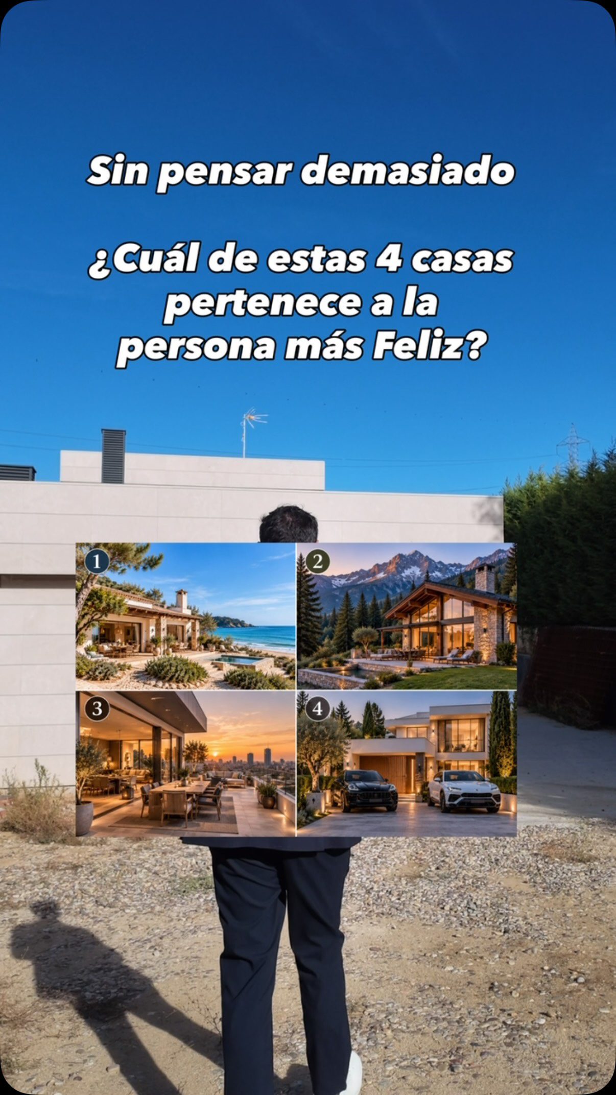 🌊 CASA 1. LA PLAYA — EL ESPÍRITU LIBRE

Para ti, la felicidad está en disfrutar de la vida.

Eres una persona que valora la libertad, las experiencias y los pequeños placeres cotidianos.

Te gusta vivir el presente, sentir que cada día es diferente y tener tiempo para hacer aquello que realmente te apetece.

No buscas necesariamente tener más, sino disfrutar más de lo que tienes.

🏔️ CASA 2. LA MONTAÑA — EL ALMA TRANQUILA

Para ti, la felicidad está en la paz interior.

Eres una persona reflexiva, independiente y que disfruta de los momentos de soledad.

Valoras la naturaleza, el silencio y las relaciones auténticas.

No necesitas grandes estímulos ni la aprobación de los demás para sentirte realizado.

Tu felicidad nace de sentirte en armonía contigo mismo.

🌆 CASA 3. EL ÁTICO — EL SOÑADOR AMBICIOSO

Para ti, la felicidad está en crecer y descubrir hasta dónde puedes llegar.

Eres una persona inquieta, curiosa y con grandes aspiraciones.

Te gusta rodearte de oportunidades, conocer gente y vivir nuevas experiencias.

Disfrutas marcándote objetivos y superándote constantemente.

Tu felicidad está en sentir que avanzas y que todavía tienes mucho por descubrir.

🏎️ CASA 4. LA MANSIÓN Y LOS COCHES — EL TRIUNFADOR

Para ti, la felicidad está en alcanzar aquello que un día soñaste.

Eres una persona ambiciosa, competitiva y determinada.

Te gusta disfrutar de las recompensas de tu esfuerzo y compartir tus logros con quienes te rodean.

El reconocimiento y el éxito te motivan porque representan todo lo que has sido capaz de conseguir.

Tu felicidad está en convertir tus sueños en realidad.

⸻

¿Cuál has elegido? ¿1, 2, 3 o 4? ¿coincide con tu personalidad? 👇
