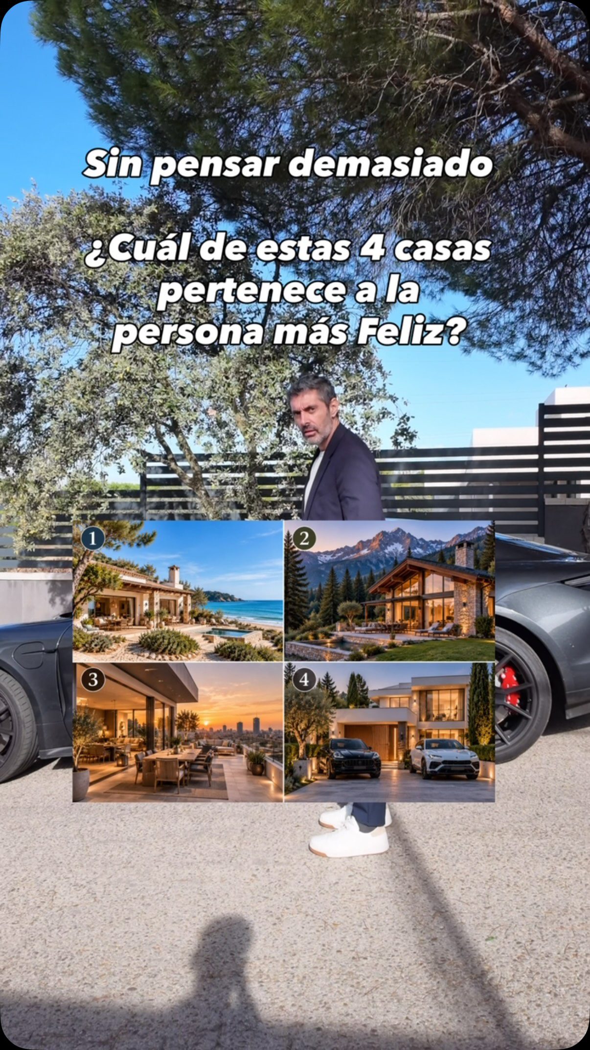 🌊 CASA 1. LA PLAYA — EL ESPÍRITU LIBRE

Para ti, la felicidad está en disfrutar de la vida.

Eres una persona que valora la libertad, las experiencias y los pequeños placeres cotidianos.

Te gusta vivir el presente, sentir que cada día es diferente y tener tiempo para hacer aquello que realmente te apetece.

No buscas necesariamente tener más, sino disfrutar más de lo que tienes.

🏔️ CASA 2. LA MONTAÑA — EL ALMA TRANQUILA

Para ti, la felicidad está en la paz interior.

Eres una persona reflexiva, independiente y que disfruta de los momentos de soledad.

Valoras la naturaleza, el silencio y las relaciones auténticas.

No necesitas grandes estímulos ni la aprobación de los demás para sentirte realizado.

Tu felicidad nace de sentirte en armonía contigo mismo.

🌆 CASA 3. EL ÁTICO — EL SOÑADOR AMBICIOSO

Para ti, la felicidad está en crecer y descubrir hasta dónde puedes llegar.

Eres una persona inquieta, curiosa y con grandes aspiraciones.

Te gusta rodearte de oportunidades, conocer gente y vivir nuevas experiencias.

Disfrutas marcándote objetivos y superándote constantemente.

Tu felicidad está en sentir que avanzas y que todavía tienes mucho por descubrir.

🏎️ CASA 4. LA MANSIÓN Y LOS COCHES — EL TRIUNFADOR

Para ti, la felicidad está en alcanzar aquello que un día soñaste.

Eres una persona ambiciosa, competitiva y determinada.

Te gusta disfrutar de las recompensas de tu esfuerzo y compartir tus logros con quienes te rodean.

El reconocimiento y el éxito te motivan porque representan todo lo que has sido capaz de conseguir.

Tu felicidad está en convertir tus sueños en realidad.

⸻

¿Cuál has elegido? ¿1, 2, 3 o 4? ¿coincide con tu personalidad? 👇